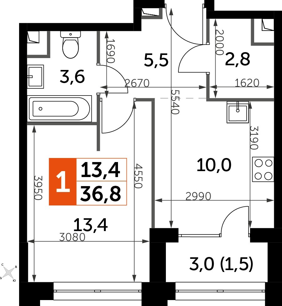 1-комнатная квартира с частичной отделкой, 36.8 м2, 21 этаж, дом сдан, ЖК Sydney City, корпус 1 - объявление 2207281 - фото №1