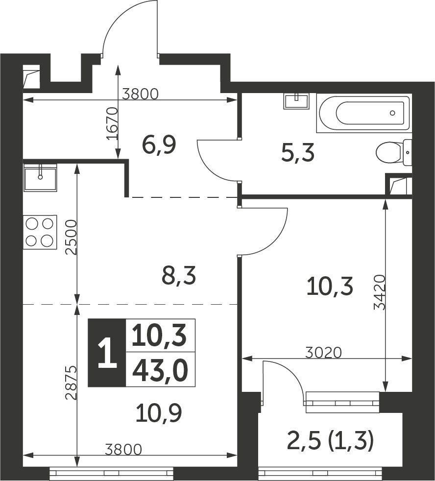 1-комнатная квартира без отделки, 43 м2, 25 этаж, сдача 4 квартал 2023 г., ЖК Архитектор, корпус 1 - объявление 2207459 - фото №1