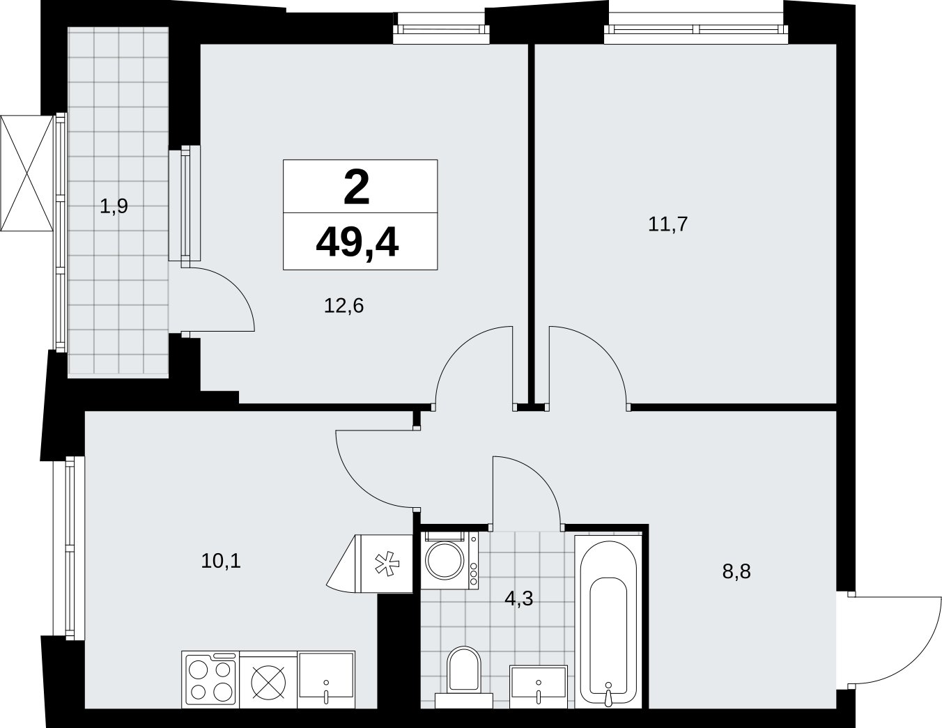 2-комнатная квартира без отделки, 49.4 м2, 16 этаж, сдача 1 квартал 2026 г., ЖК Дзен-кварталы, корпус 6.2.2 - объявление 2328759 - фото №1
