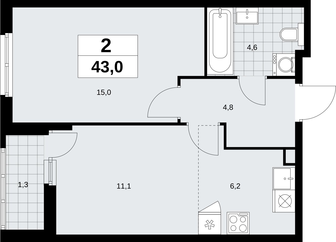 2-комнатная квартира (евро) с полной отделкой, 43 м2, 2 этаж, сдача 3 квартал 2026 г., ЖК Дзен-кварталы, корпус 6.1.4 - объявление 2328143 - фото №1