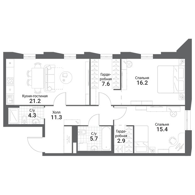 2-комнатная квартира без отделки, 84.6 м2, 14 этаж, сдача 1 квартал 2023 г., ЖК Nagatino i-Land, корпус А1 - объявление 1532746 - фото №1