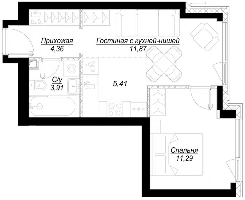1-комнатная квартира с частичной отделкой, 36.8 м2, 8 этаж, сдача 1 квартал 2023 г., ЖК Hide, корпус RiverSide - объявление 1707035 - фото №1