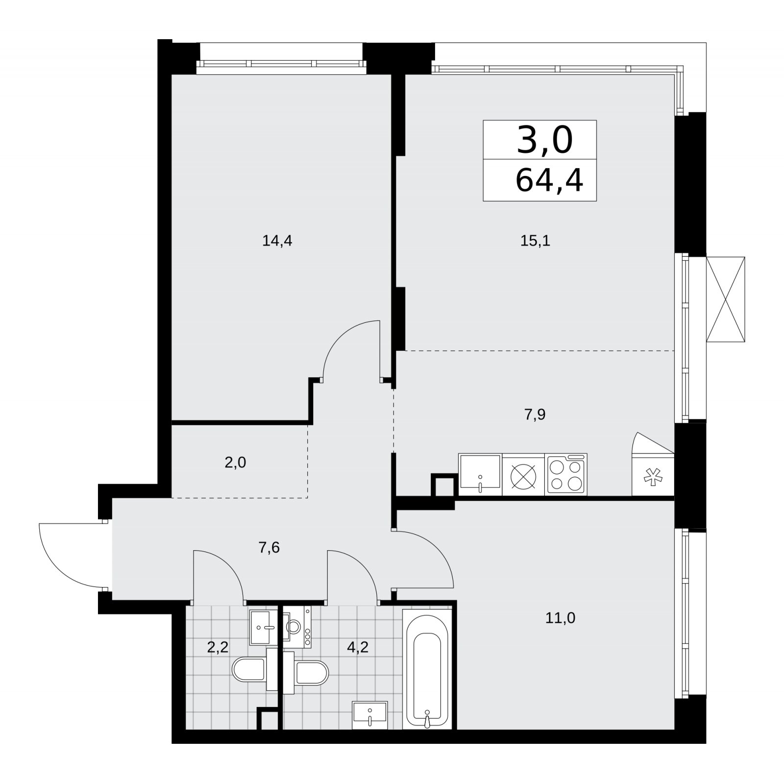 3-комнатная квартира (евро) без отделки, 64.4 м2, 2 этаж, сдача 1 квартал 2026 г., ЖК Прокшино, корпус 10.1.3 - объявление 2227230 - фото №1