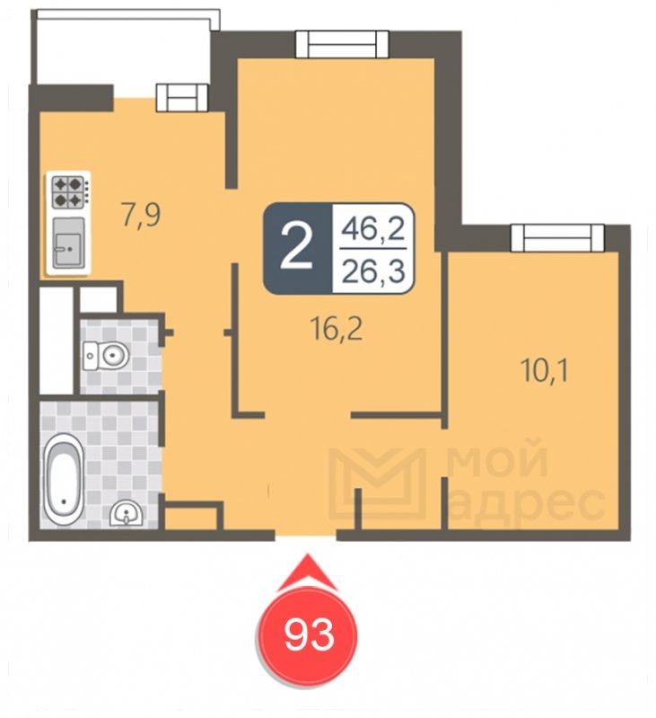 2-комнатная квартира с полной отделкой, 46.2 м2, 8 этаж, дом сдан, ЖК мой адрес В Зеленограде, корпус 2032 - объявление 1853426 - фото №1