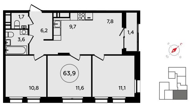 4-комнатная квартира (евро) без отделки, 63.9 м2, 12 этаж, сдача 3 квартал 2023 г., ЖК Прокшино, корпус 4.6 - объявление 1498676 - фото №1