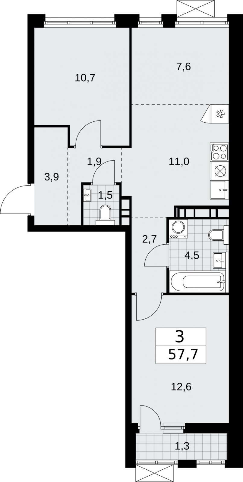 3-комнатная квартира (евро) без отделки, 57.7 м2, 10 этаж, сдача 2 квартал 2026 г., ЖК Бунинские кварталы, корпус 5.4 - объявление 2297711 - фото №1