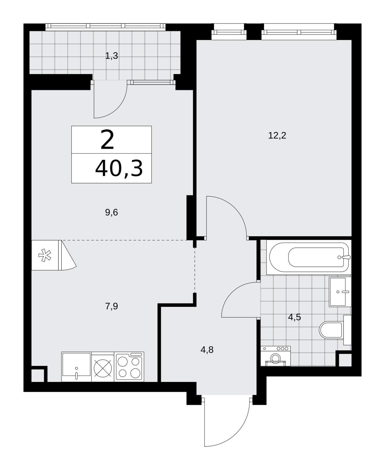 2-комнатная квартира (евро) без отделки, 40.3 м2, 2 этаж, сдача 1 квартал 2026 г., ЖК Деснаречье, корпус 4.2 - объявление 2263780 - фото №1