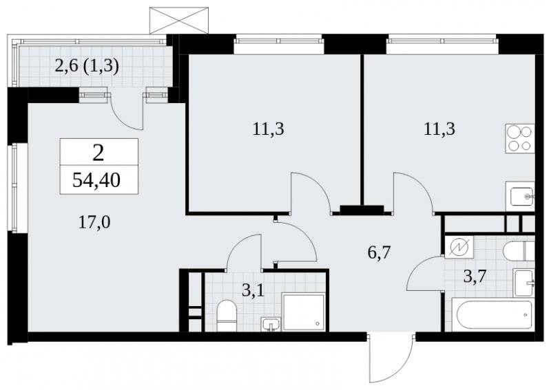 2-комнатная квартира без отделки, 54.4 м2, 14 этаж, сдача 1 квартал 2025 г., ЖК Прокшино, корпус 5.2.3 - объявление 1751362 - фото №1