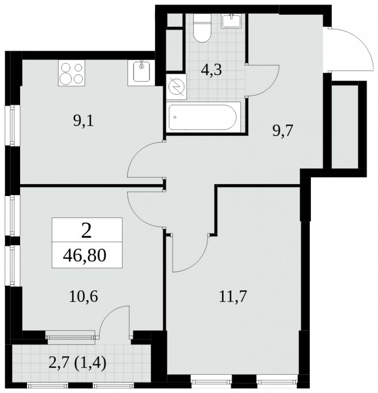 2-комнатная квартира без отделки, 46.8 м2, 10 этаж, сдача 2 квартал 2025 г., ЖК Южные сады, корпус 2.3 - объявление 1758326 - фото №1
