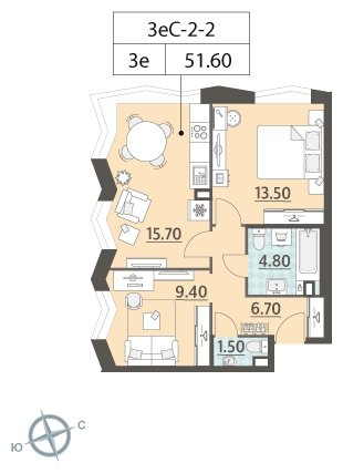 2-комнатная квартира (евро) без отделки, 51.6 м2, 2 этаж, сдача 4 квартал 2023 г., ЖК ЗИЛАРТ, корпус 14 - объявление 1962795 - фото №1