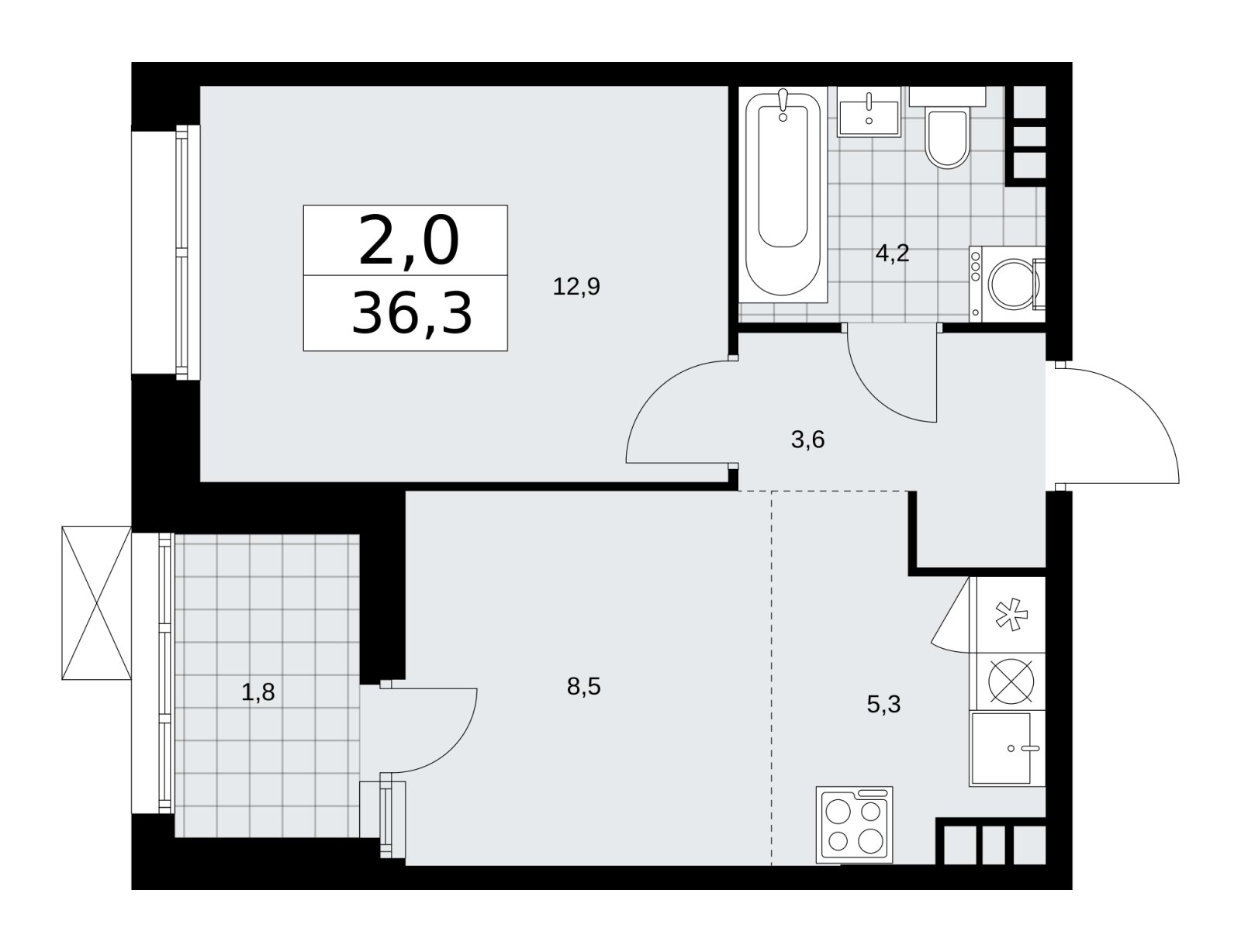 2-комнатная квартира (евро) с частичной отделкой, 36.3 м2, 8 этаж, сдача 1 квартал 2026 г., ЖК Бунинские кварталы, корпус 6.1 - объявление 2252408 - фото №1