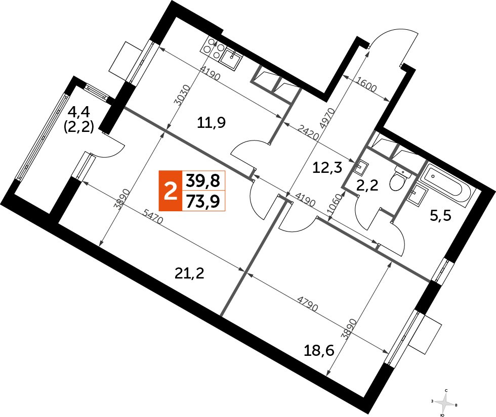 2-комнатная квартира без отделки, 74 м2, 8 этаж, дом сдан, ЖК UP-квартал Римский, корпус 7 - объявление 2353877 - фото №1
