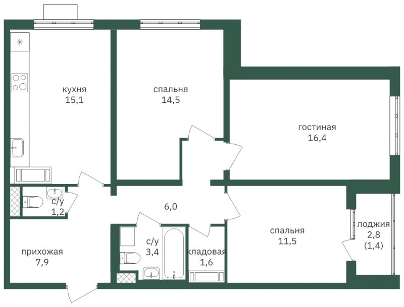 3-комнатная квартира с полной отделкой, 79 м2, 9 этаж, сдача 1 квартал 2023 г., ЖК Зеленая Вертикаль, корпус 6 - объявление 1806828 - фото №1
