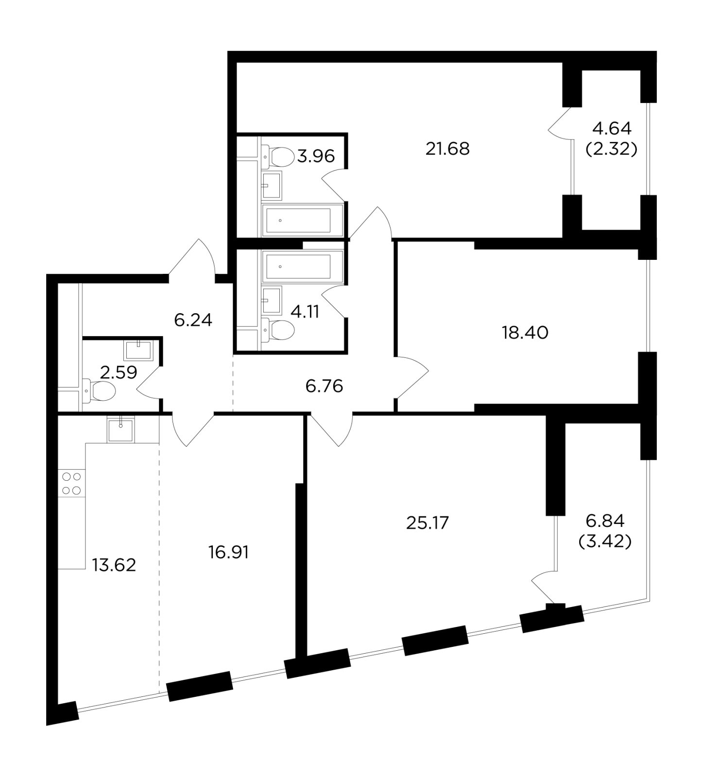 4-комнатная квартира без отделки, 125.18 м2, 28 этаж, дом сдан, ЖК КутузовGRAD 2, корпус 4 - объявление 2355123 - фото №1