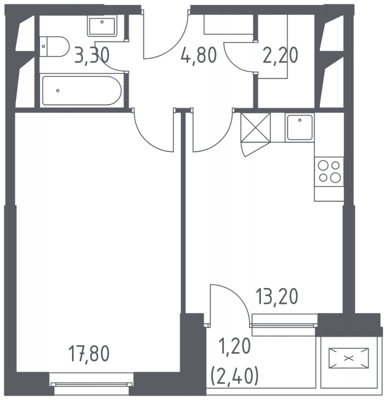 1-комнатные апартаменты с полной отделкой, 43.5 м2, 28 этаж, дом сдан, ЖК Квартал Спутник, корпус 12 - объявление 1831515 - фото №1