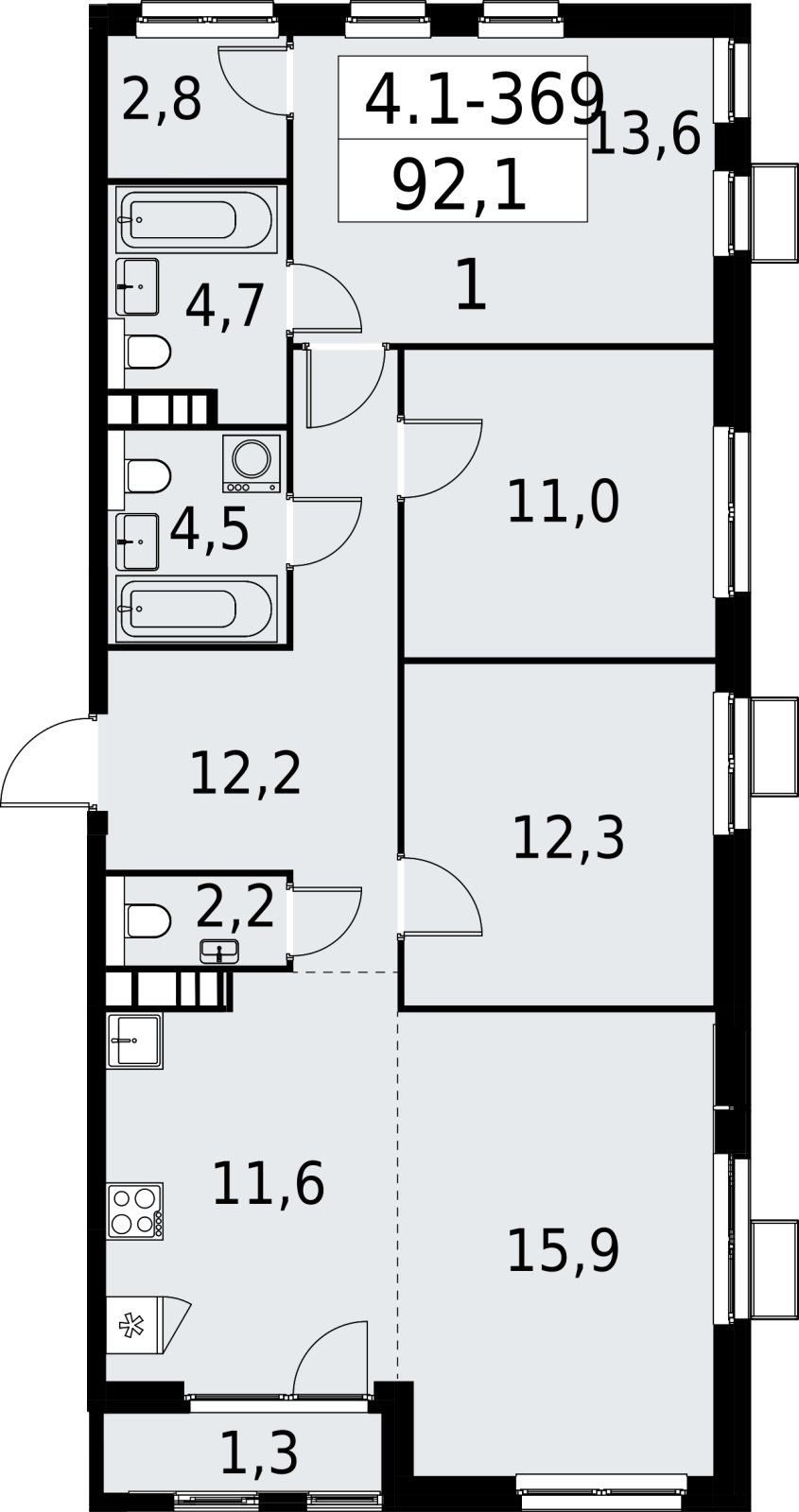 4-комнатная квартира (евро) с полной отделкой, 92.1 м2, 22 этаж, сдача 2 квартал 2027 г., ЖК Южные сады, корпус 4.1.2 - объявление 2392877 - фото №1