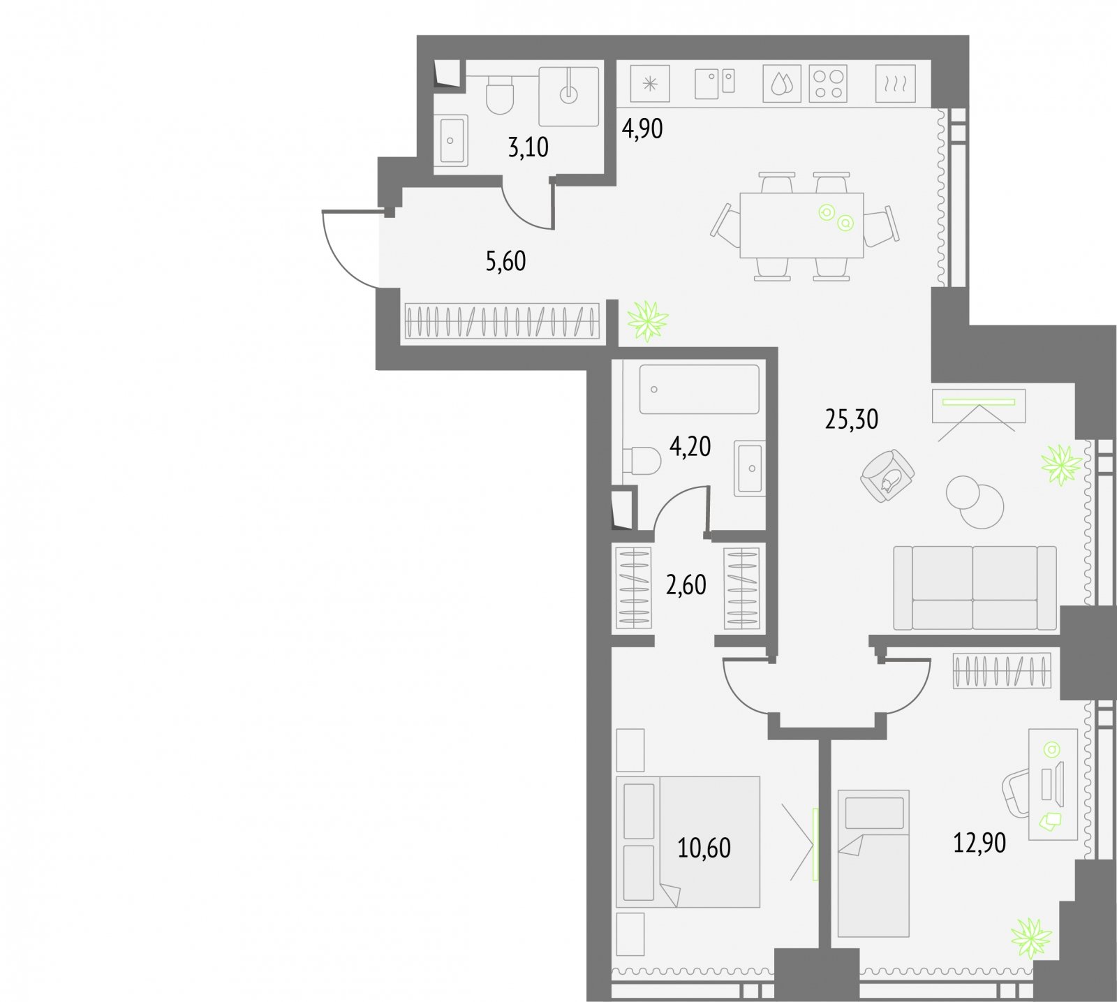 2-комнатная квартира без отделки, 69.2 м2, 13 этаж, сдача 2 квартал 2026 г., ЖК Upside Towers, корпус 1 - объявление 2250592 - фото №1