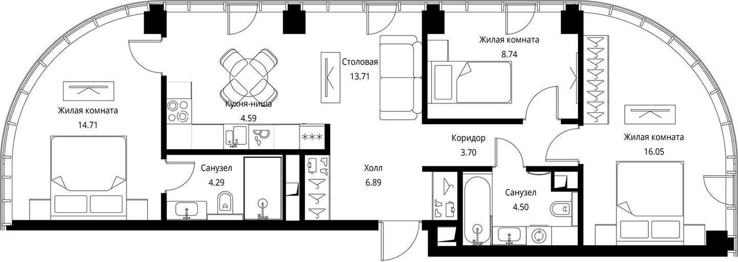 3-комнатная квартира с частичной отделкой, 77.18 м2, 16 этаж, сдача 3 квартал 2026 г., ЖК City Bay, корпус North Ocean 8 - объявление 2240615 - фото №1