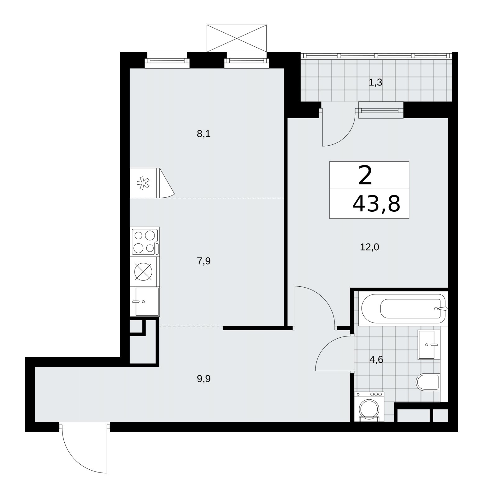 2-комнатная квартира (евро) с частичной отделкой, 43.8 м2, 13 этаж, сдача 2 квартал 2026 г., ЖК Прокшино, корпус 11.2.3 - объявление 2270415 - фото №1