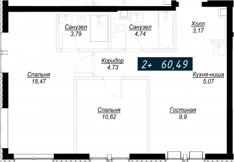 2-комнатная квартира с полной отделкой, 60.49 м2, 8 этаж, сдача 4 квартал 2022 г., ЖК Селигер Сити, корпус Кандинский - объявление 1709475 - фото №1