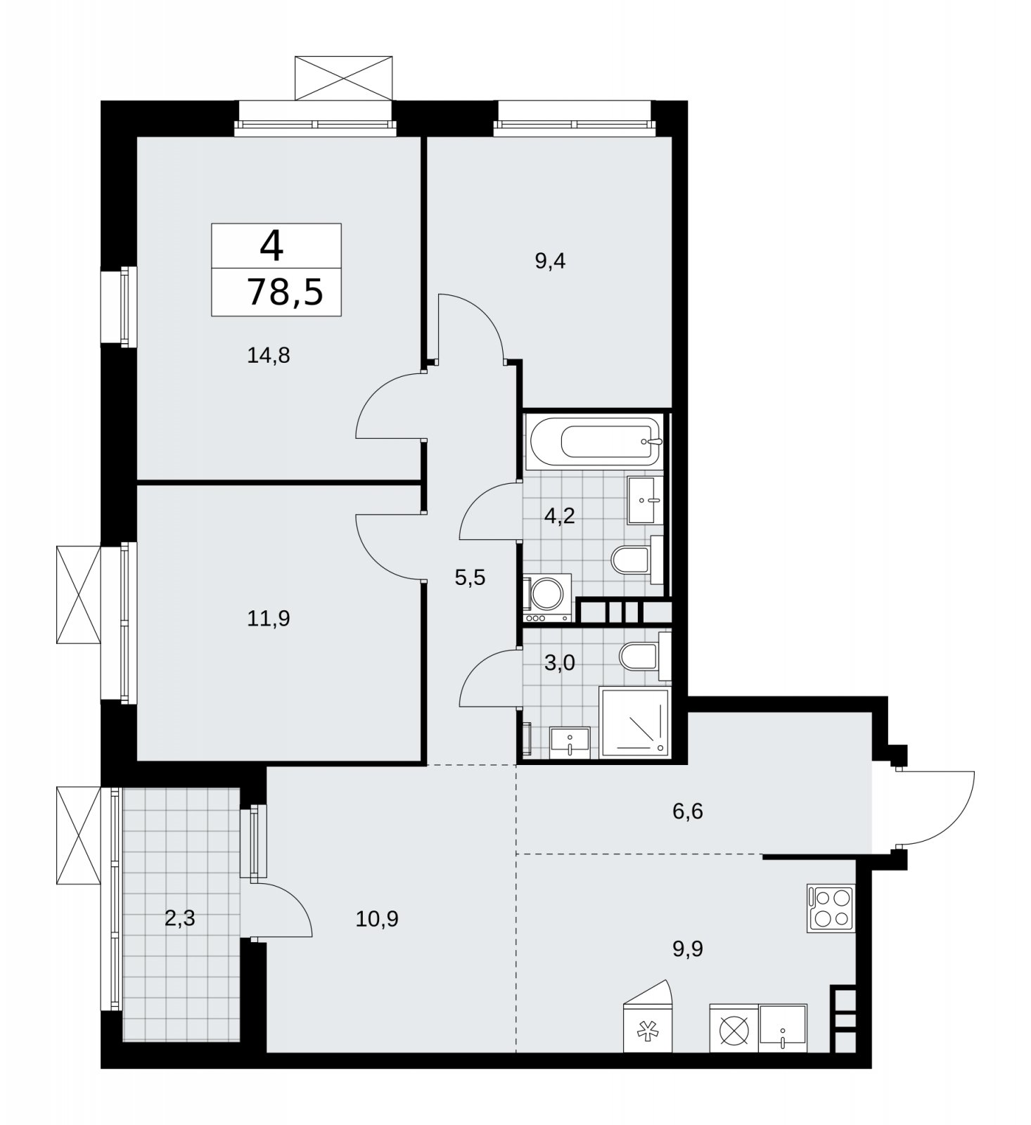 4-комнатная квартира (евро) с частичной отделкой, 78.5 м2, 4 этаж, сдача 2 квартал 2026 г., ЖК Скандинавия, корпус 25.2 - объявление 2283481 - фото №1