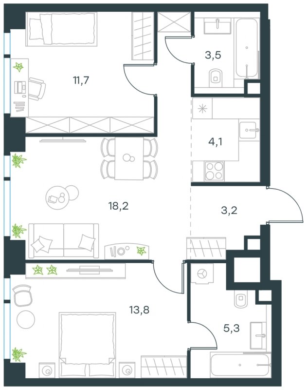3-комнатная квартира с частичной отделкой, 59.8 м2, 9 этаж, сдача 4 квартал 2024 г., ЖК Level Мичуринский, корпус 5 - объявление 1693701 - фото №1