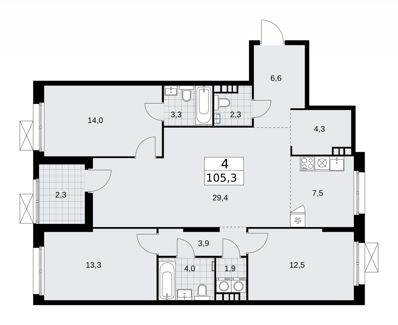4-комнатная квартира (евро) без отделки, 105.3 м2, 4 этаж, сдача 1 квартал 2026 г., ЖК Дзен-кварталы, корпус 4.3 - объявление 2251699 - фото №1