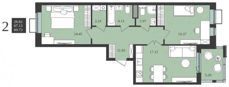 2-комнатная квартира без отделки, 69.73 м2, 2 этаж, сдача 1 квартал 2024 г., ЖК Мишино-2, корпус 7 - объявление 1748188 - фото №1