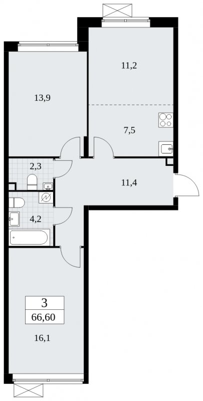 3-комнатная квартира (евро) без отделки, 66.6 м2, 2 этаж, сдача 1 квартал 2025 г., ЖК Прокшино, корпус 5.2.3 - объявление 1751378 - фото №1