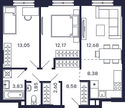 2-комнатная квартира без отделки, 63.14 м2, 2 этаж, сдача 2 квартал 2025 г., ЖК Квартал Тетрис, корпус "Квартал Тетрис 2.2" - объявление 2378999 - фото №1