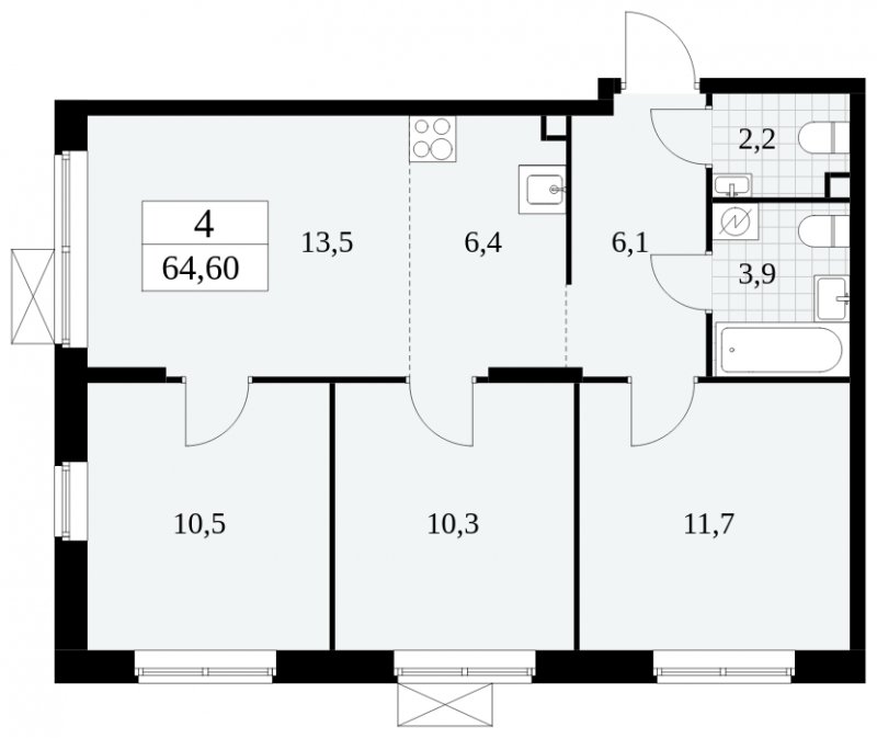 4-комнатная квартира (евро) с частичной отделкой, 64.6 м2, 2 этаж, сдача 2 квартал 2025 г., ЖК Прокшино, корпус 5.1.2 - объявление 1860041 - фото №1