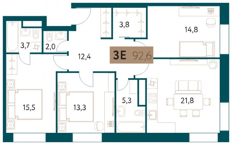 3-комнатная квартира 92.6 м2, 8 этаж, сдача 4 квартал 2022 г., ЖК Настоящее, корпус 3 - объявление 1535756 - фото №1