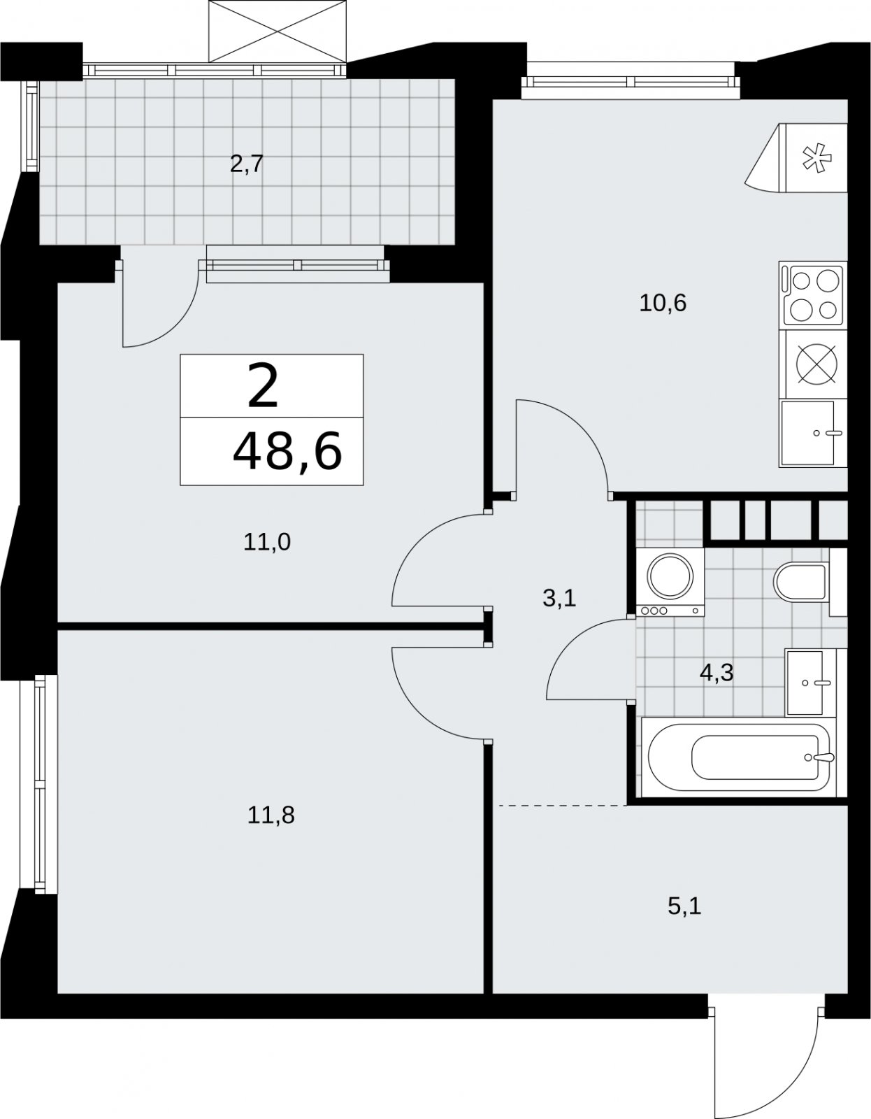 2-комнатная квартира без отделки, 48.6 м2, 21 этаж, сдача 2 квартал 2026 г., ЖК Бунинские кварталы, корпус 5.2 - объявление 2297476 - фото №1