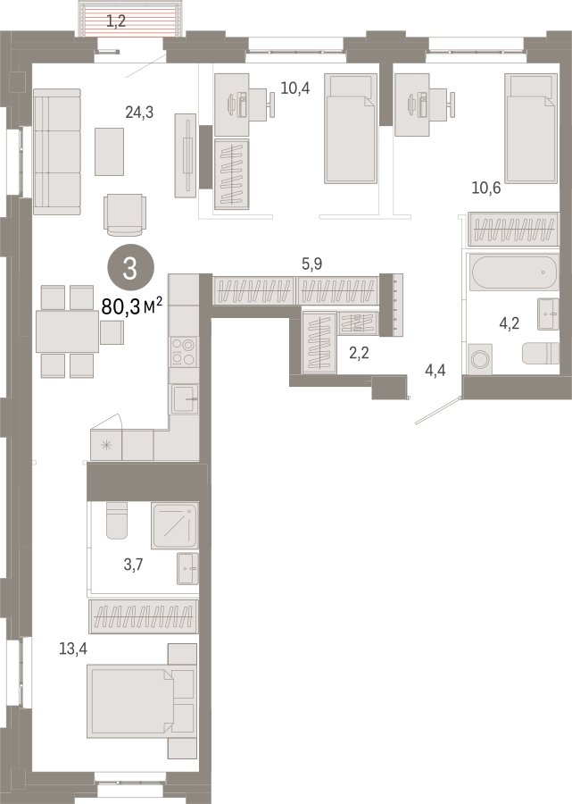3-комнатная квартира 80.3 м2, 4 этаж, сдача 3 квартал 2026 г., ЖК Квартал Метроном, корпус 1 - объявление 2330848 - фото №1