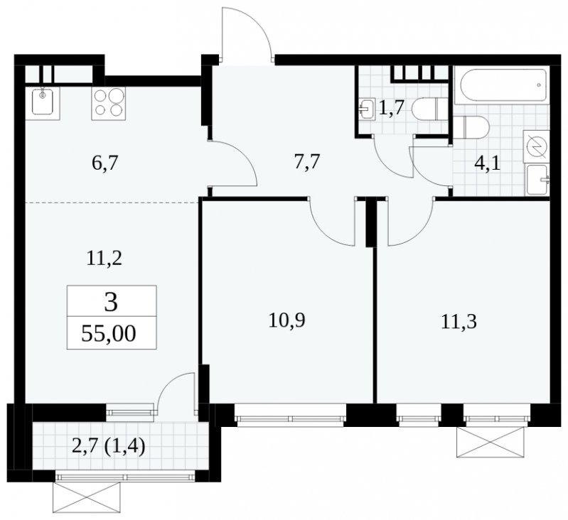 3-комнатная квартира (евро) без отделки, 55 м2, 9 этаж, сдача 1 квартал 2025 г., ЖК Прокшино, корпус 5.2.5 - объявление 1900888 - фото №1