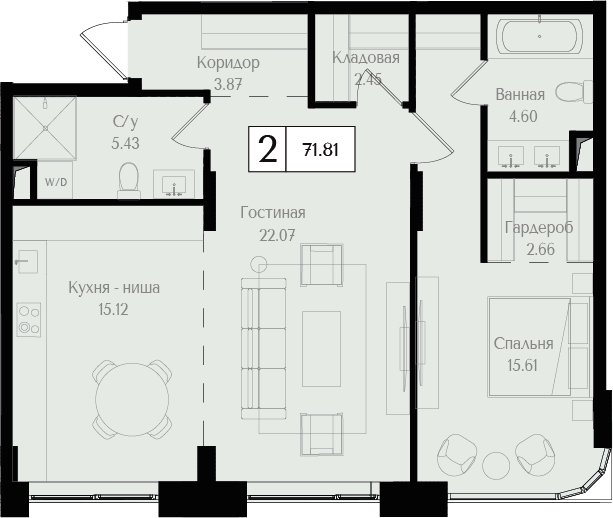 2-комнатная квартира без отделки, 71.8 м2, 2 этаж, сдача 3 квартал 2025 г., ЖК Преображенская площадь, корпус 3 - объявление 2458358 - фото №1