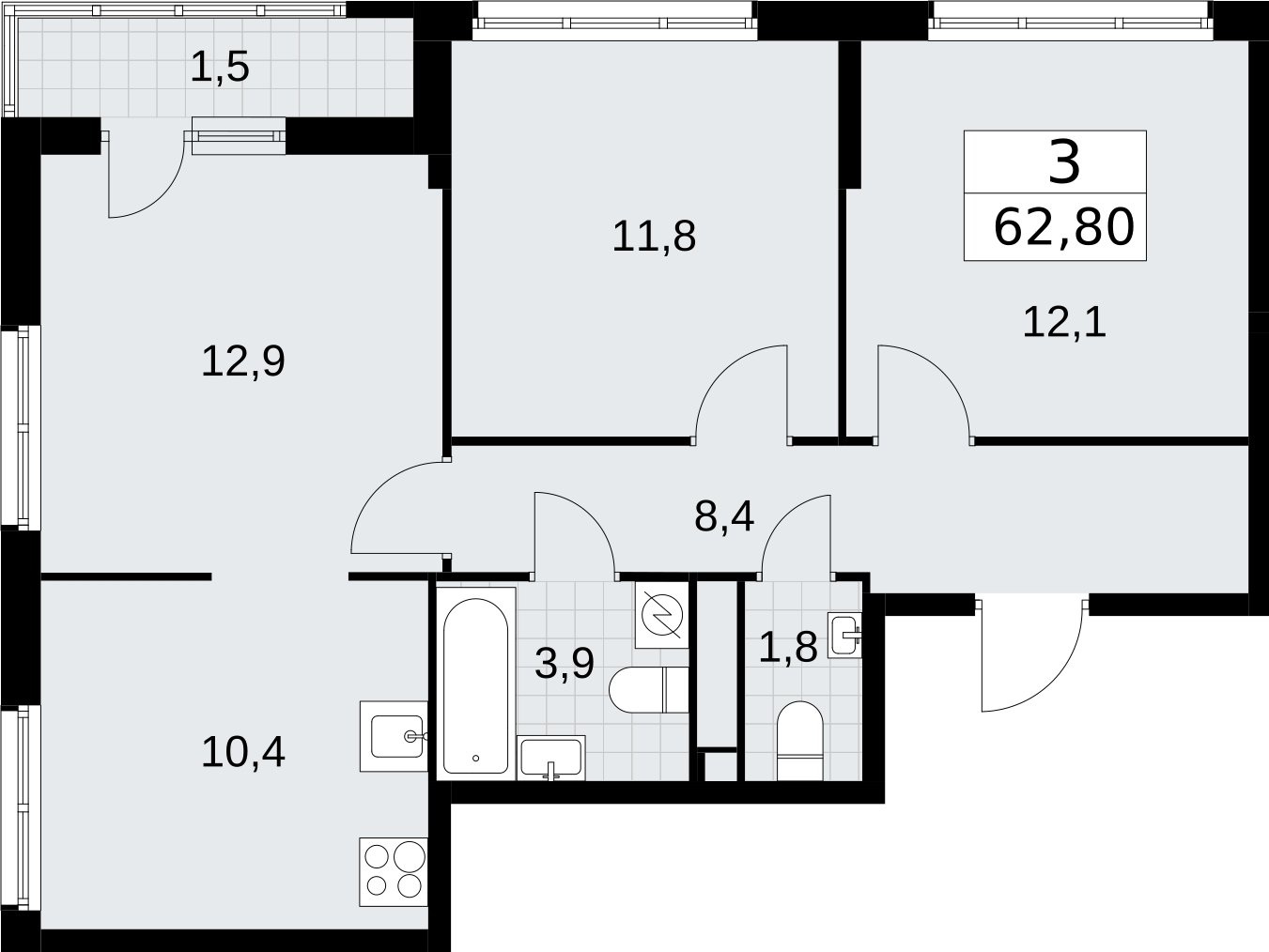 3-комнатная квартира с полной отделкой, 62.8 м2, 4 этаж, сдача 4 квартал 2026 г., ЖК Родные кварталы, корпус 1.2 - объявление 2317724 - фото №1