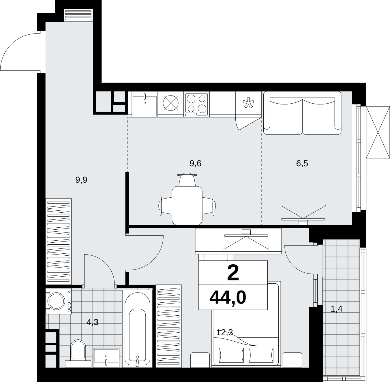 2-комнатная квартира (евро) с полной отделкой, 44 м2, 4 этаж, сдача 1 квартал 2027 г., ЖК Скандинавия, корпус 2.18.2.2 - объявление 2351256 - фото №1