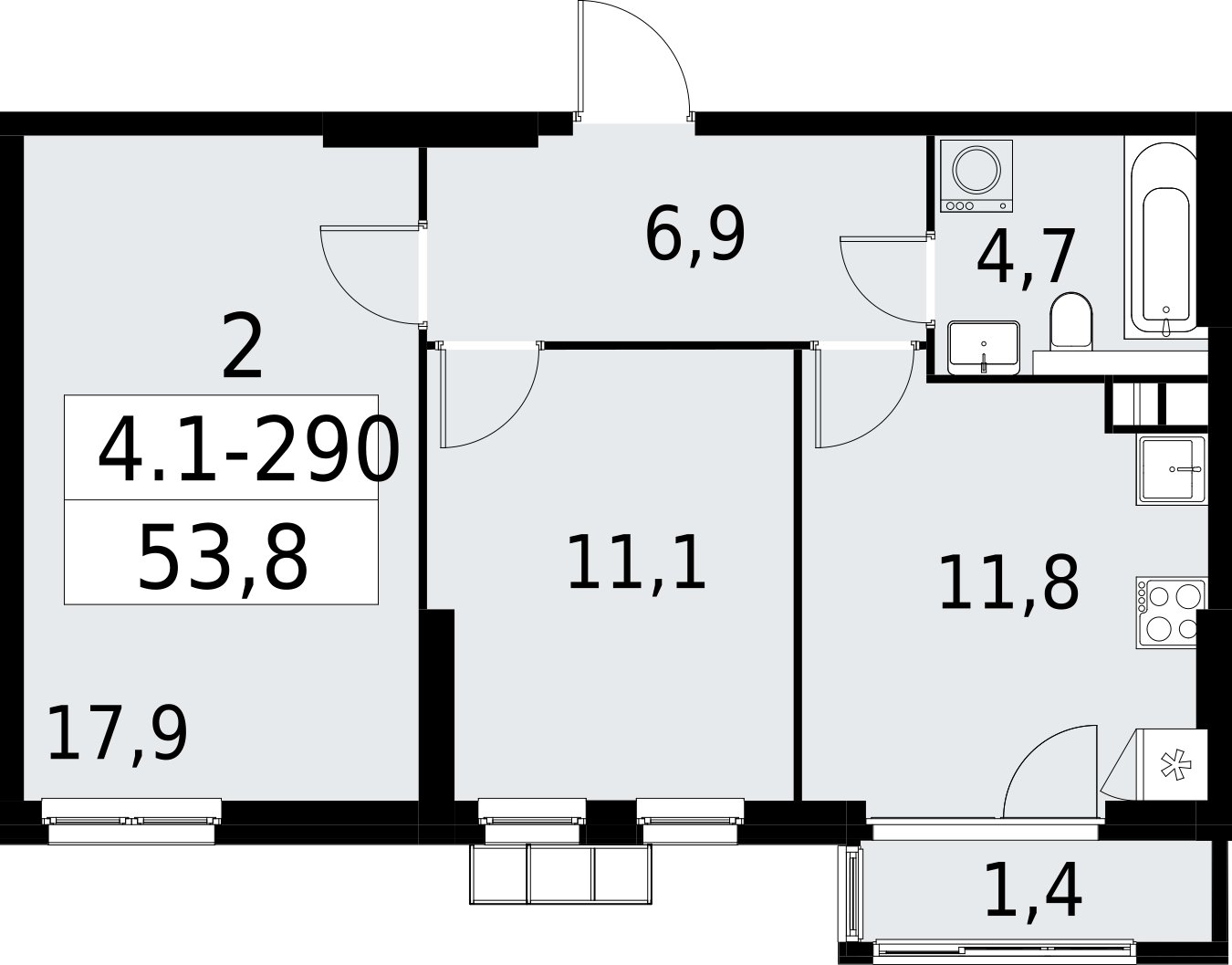2-комнатная квартира с полной отделкой, 53.8 м2, 6 этаж, сдача 2 квартал 2027 г., ЖК Южные сады, корпус 4.1.2 - объявление 2392798 - фото №1
