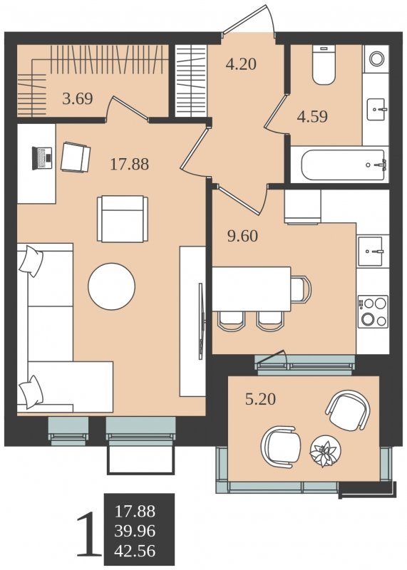 1-комнатная квартира без отделки, 42.56 м2, 2 этаж, сдача 1 квартал 2024 г., ЖК Мишино-2, корпус 9 - объявление 1748222 - фото №1