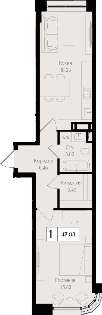 1-комнатная квартира без отделки, 47.83 м2, 13 этаж, сдача 3 квартал 2024 г., ЖК Преображенская площадь, корпус 1 - объявление 2279849 - фото №1