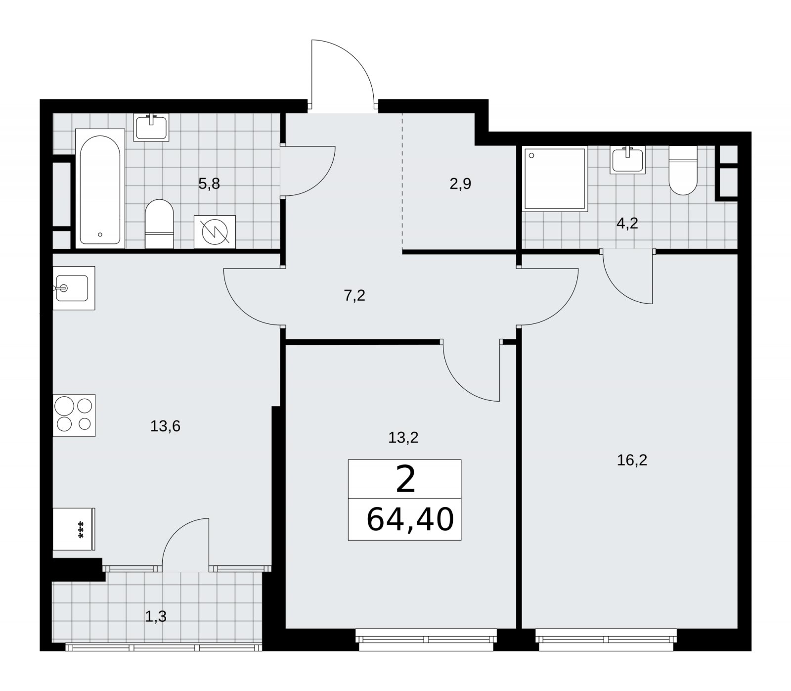 2-комнатная квартира с частичной отделкой, 64.4 м2, 14 этаж, сдача 1 квартал 2026 г., ЖК Дом на Зорге, корпус 25 - объявление 2221130 - фото №1