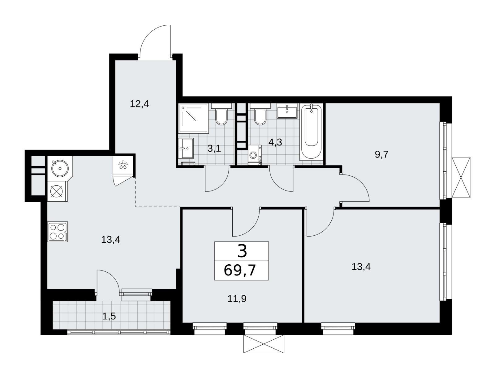 3-комнатная квартира без отделки, 69.7 м2, 9 этаж, сдача 1 квартал 2026 г., ЖК Скандинавия, корпус 37.2.1 - объявление 2254344 - фото №1