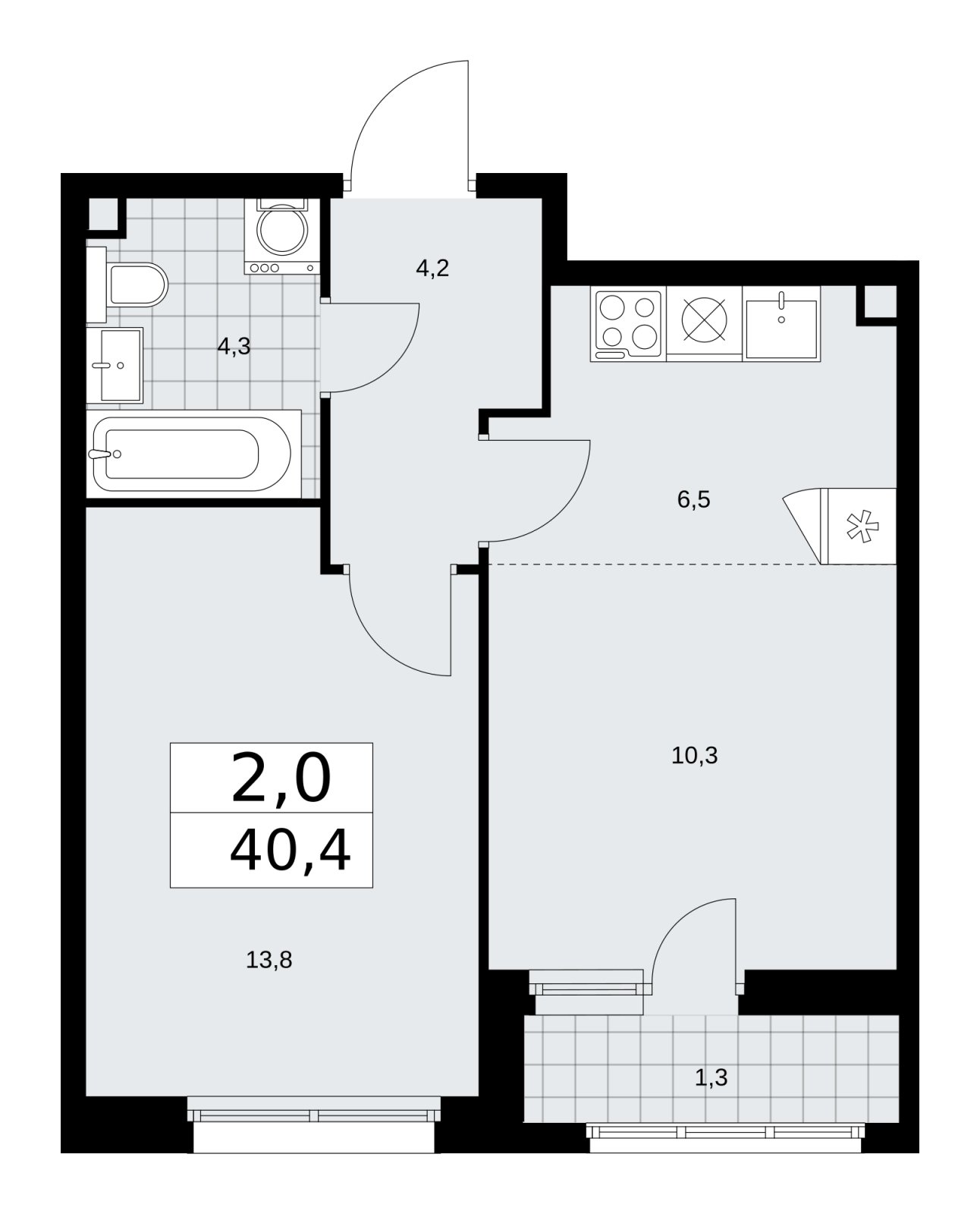 2-комнатная квартира (евро) без отделки, 40.4 м2, 2 этаж, сдача 1 квартал 2026 г., ЖК Дзен-кварталы, корпус 3.2 - объявление 2241145 - фото №1