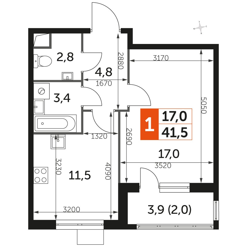 1-комнатная квартира с частичной отделкой, 41.5 м2, 1 этаж, дом сдан, ЖК UP-квартал Римский, корпус 7 - объявление 2359948 - фото №1