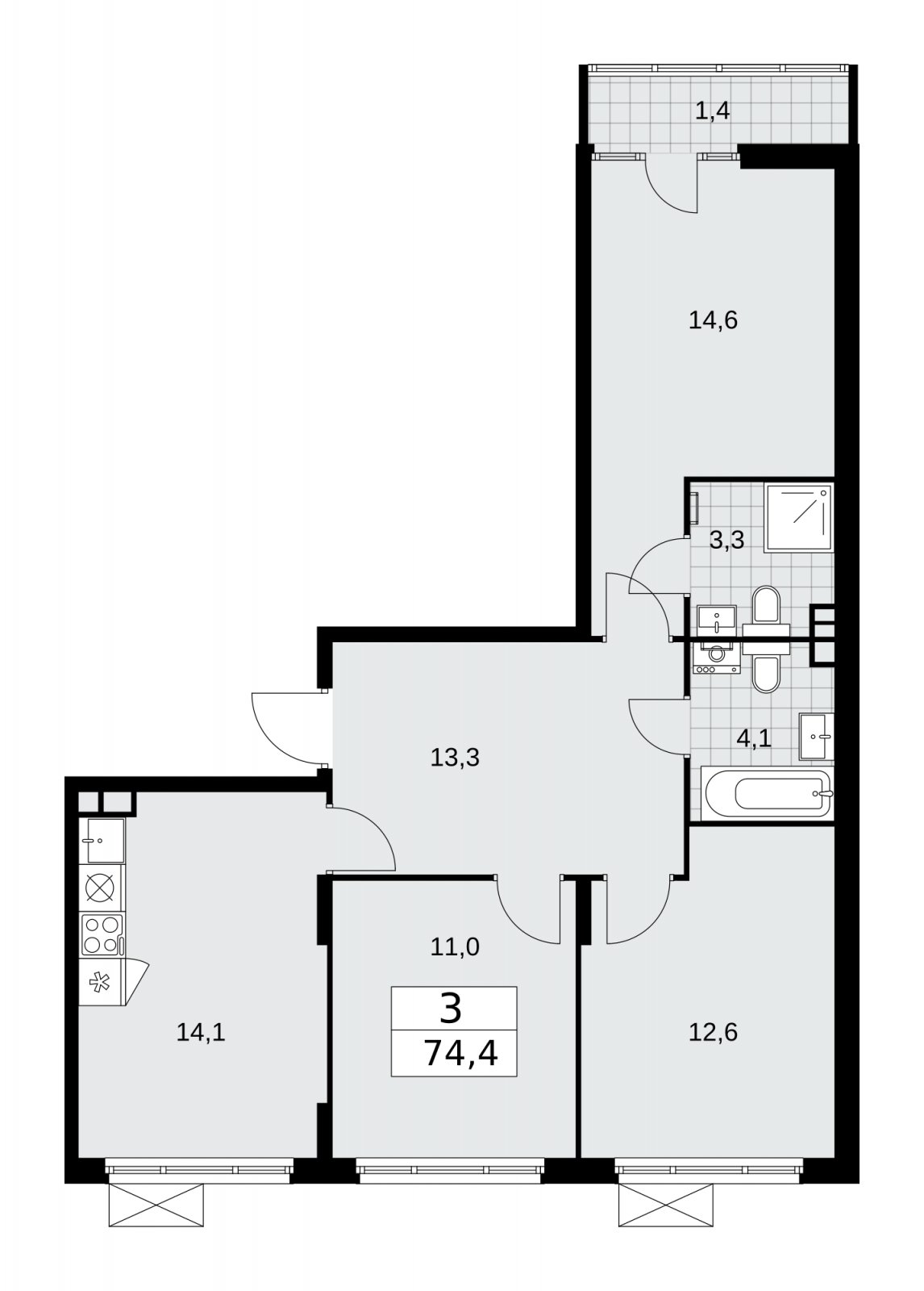 3-комнатная квартира с частичной отделкой, 74.4 м2, 8 этаж, сдача 2 квартал 2026 г., ЖК Деснаречье, корпус 4.5 - объявление 2264421 - фото №1