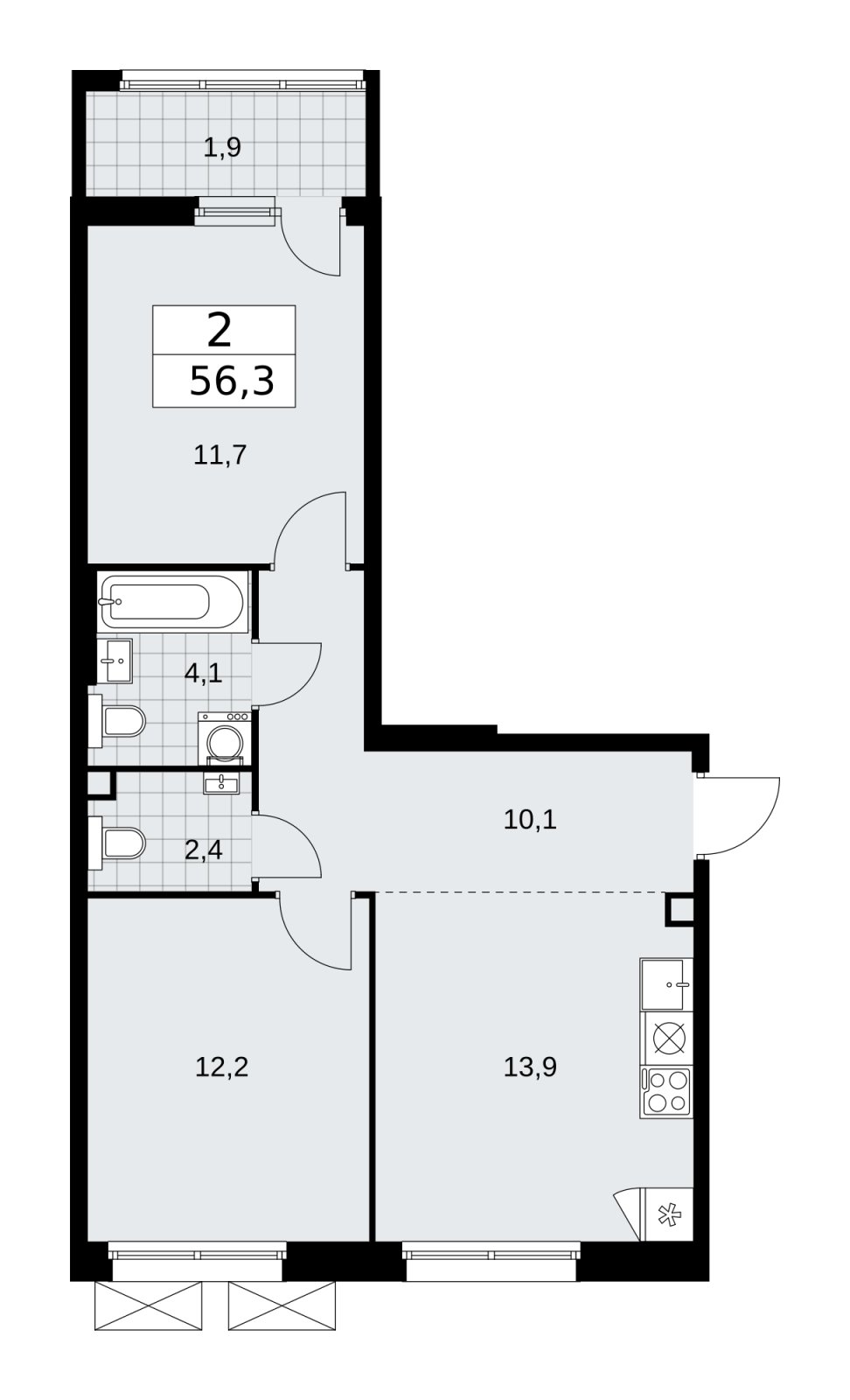 2-комнатная квартира с частичной отделкой, 56.3 м2, 2 этаж, сдача 2 квартал 2026 г., ЖК Дзен-кварталы, корпус 4.1 - объявление 2251400 - фото №1