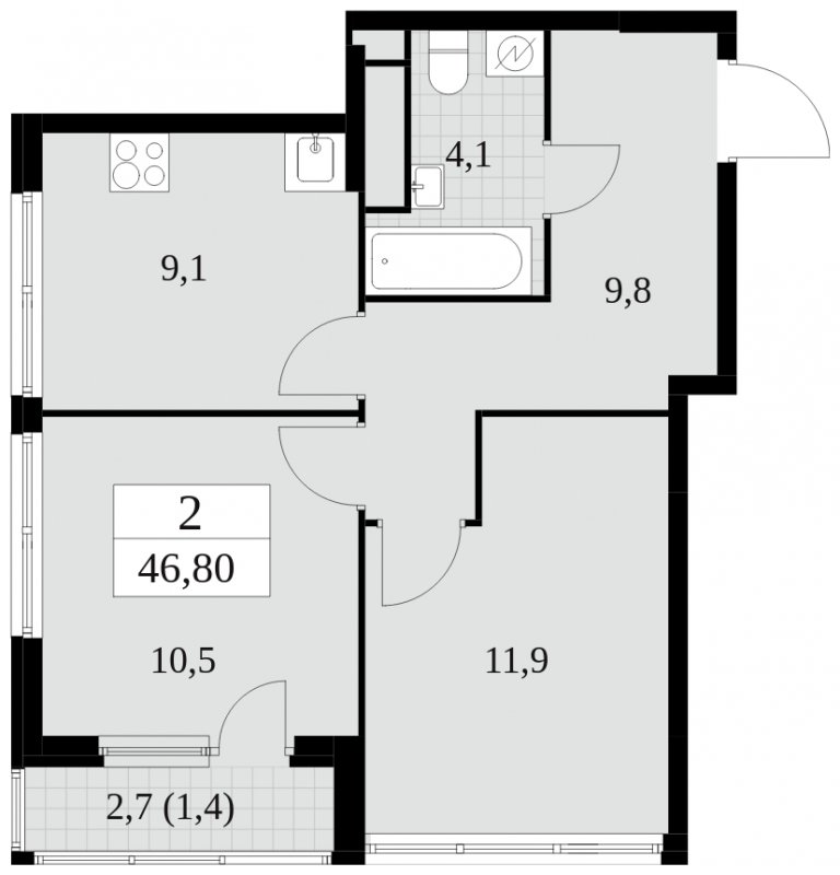 2-комнатная квартира без отделки, 46.8 м2, 30 этаж, сдача 2 квартал 2025 г., ЖК Южные сады, корпус 2.3 - объявление 1758426 - фото №1