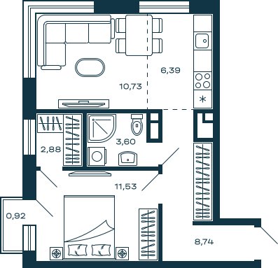 1-комнатная квартира без отделки, 44.15 м2, 23 этаж, сдача 3 квартал 2025 г., ЖК М_5, корпус 2 - объявление 2397067 - фото №1