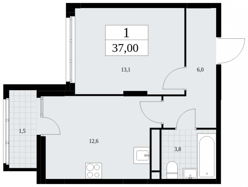 1-комнатная квартира без отделки, 37 м2, 16 этаж, сдача 4 квартал 2024 г., ЖК Скандинавия, корпус 36.2.2 - объявление 1780052 - фото №1